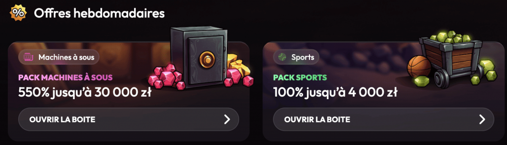 Offres hebdomadaires Mad Casino — Pack Slots 550% et Pack Sports 100%